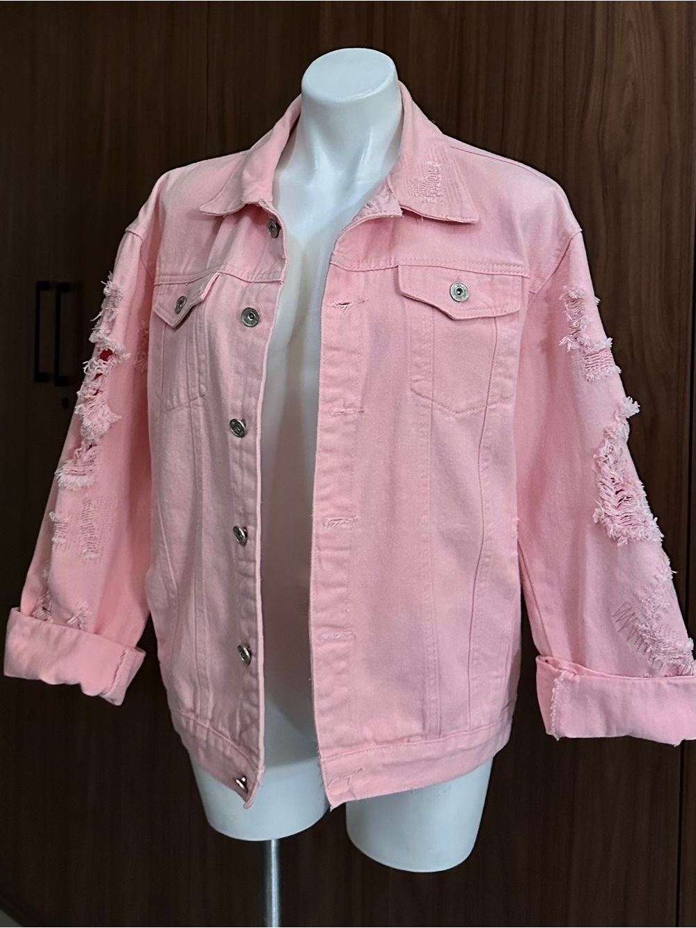 Pink Distressed Denim Jacket - Women's Casual Button-Up Size X-LARGE